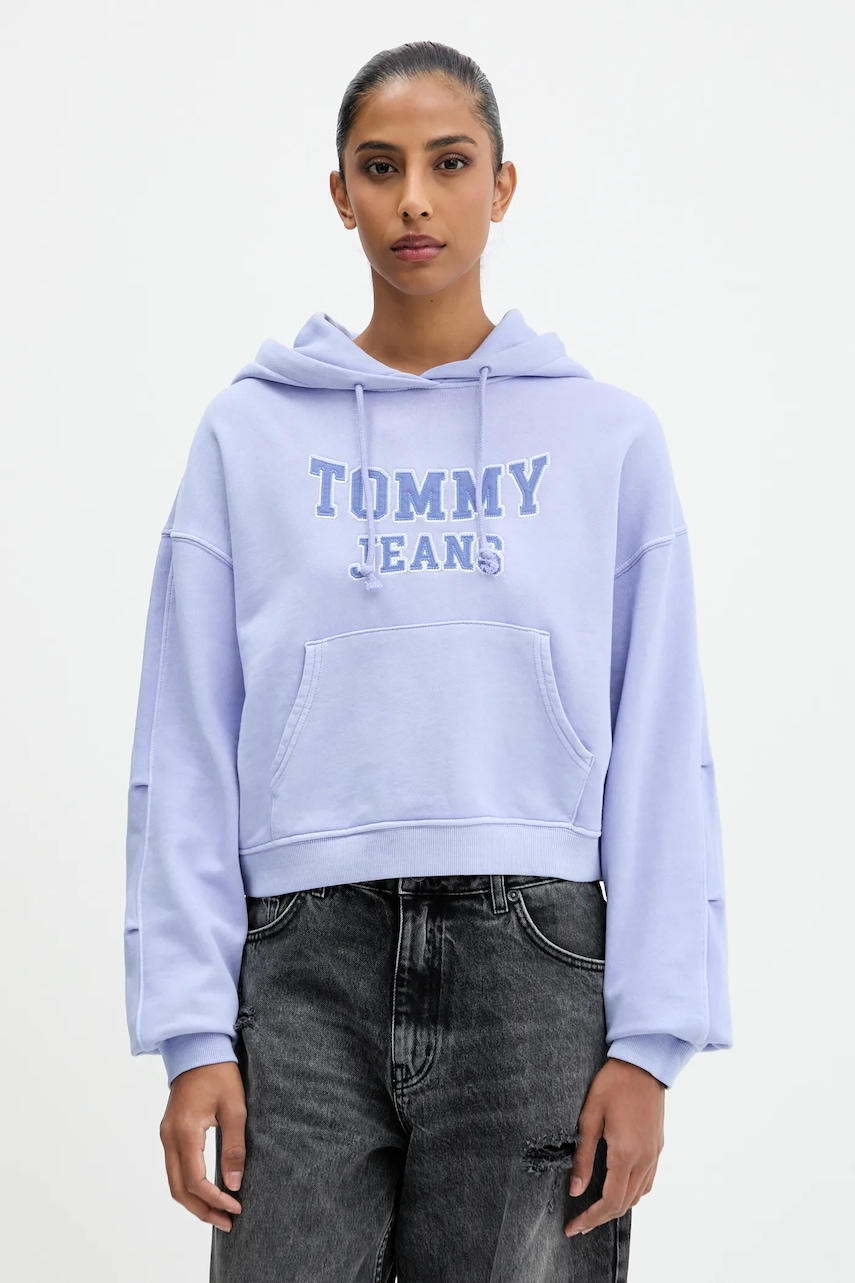Bavlněná mikina Tommy Jeans dámská, modrá barva, s kapucí, s aplikací, DW0DW21598