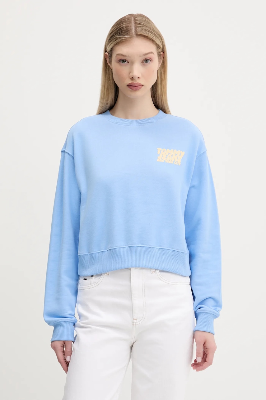 Bavlněná mikina Tommy Jeans dámská, modrá barva, s potiskem, DW0DW21345