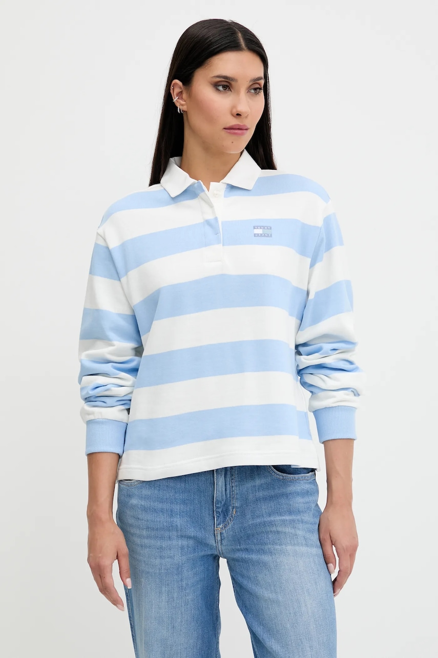 Bavlněná mikina Tommy Jeans dámská, modrá barva, vzorovaná, DW0DW20948