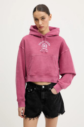 Bavlněná mikina Tommy Jeans dámská, růžová barva, s kapucí, s aplikací, DW0DW20311