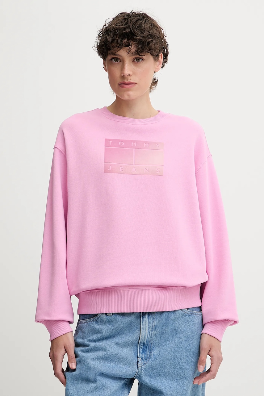 Bavlněná mikina Tommy Jeans dámská, růžová barva, vzorovaná, DW0DW21396