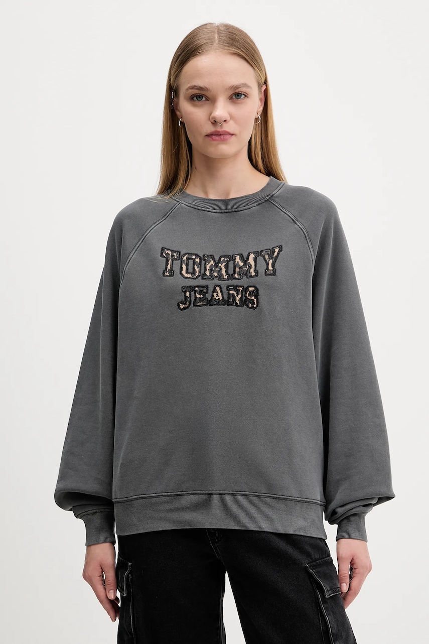 Bavlněná mikina Tommy Jeans dámská, šedá barva, s aplikací, DW0DW21959