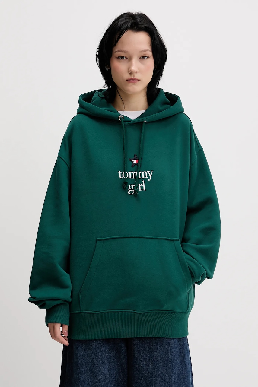 Bavlněná mikina Tommy Jeans dámská, zelená barva, s kapucí, s aplikací, DN0DN00099