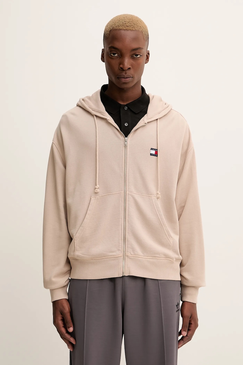 Bavlněná mikina Tommy Jeans pánská, hnědá barva, s kapucí, s aplikací, DM0DM22080