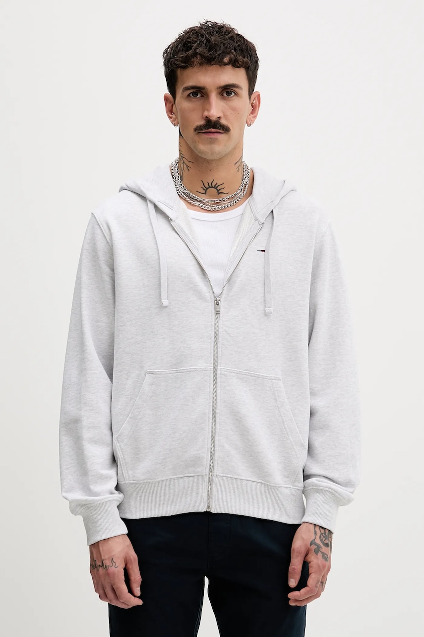 Bavlněná mikina Tommy Jeans pánská, šedá barva, s kapucí, melanžová, DM0DM21814