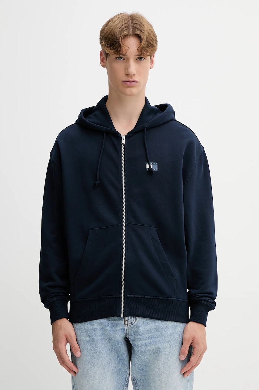 Bavlněná mikina Tommy Jeans pánská, tmavomodrá barva, s kapucí, vzorovaná, DM0DM21626