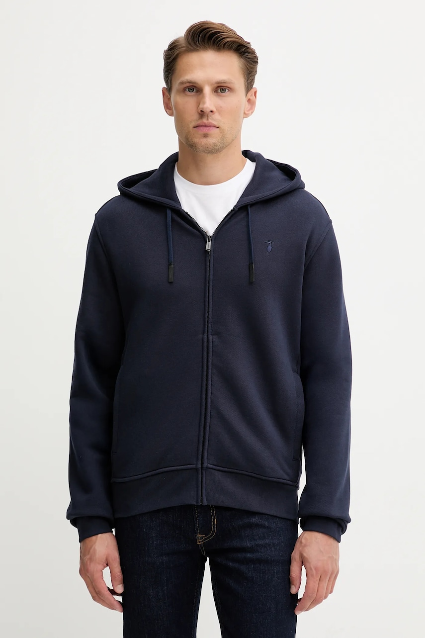 Bavlněná mikina Trussardi pánská, tmavomodrá barva, s kapucí, hladká, G8068000028N