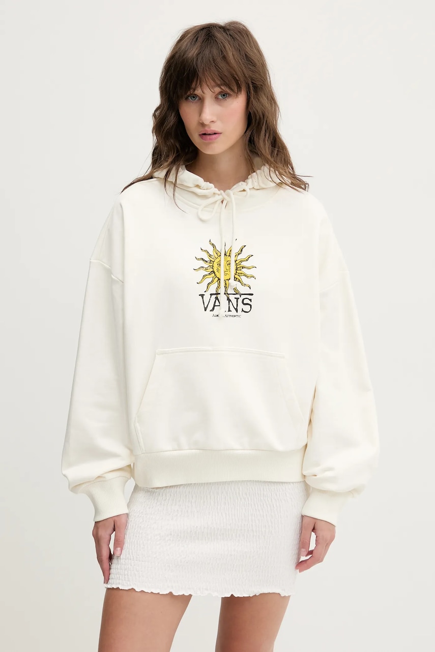 Bavlněná mikina Vans dámská, béžová barva, s kapucí, s potiskem, VN000NXTFS81