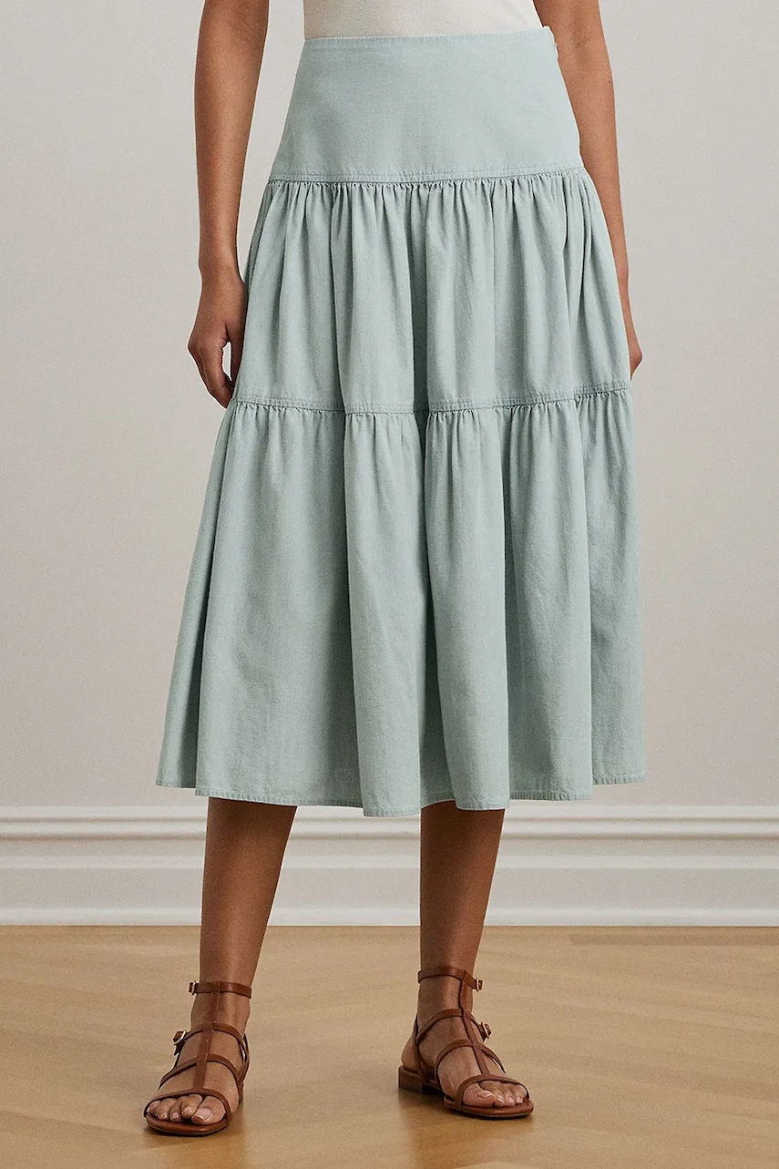 Bavlněná sukně Lauren Ralph Lauren modrá barva, midi, áčková, 200978816