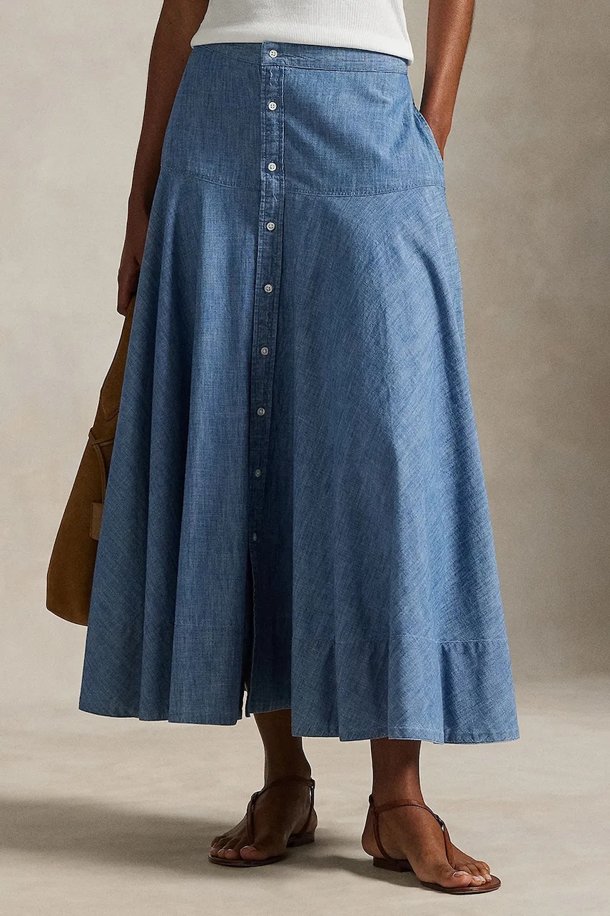 Bavlněná sukně Polo Ralph Lauren modrá barva, maxi, áčková, 211A87465