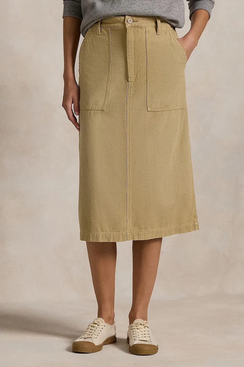 Bavlněná sukně Polo Ralph Lauren RICKY MD SK béžová barva, midi, áčková, 211959051