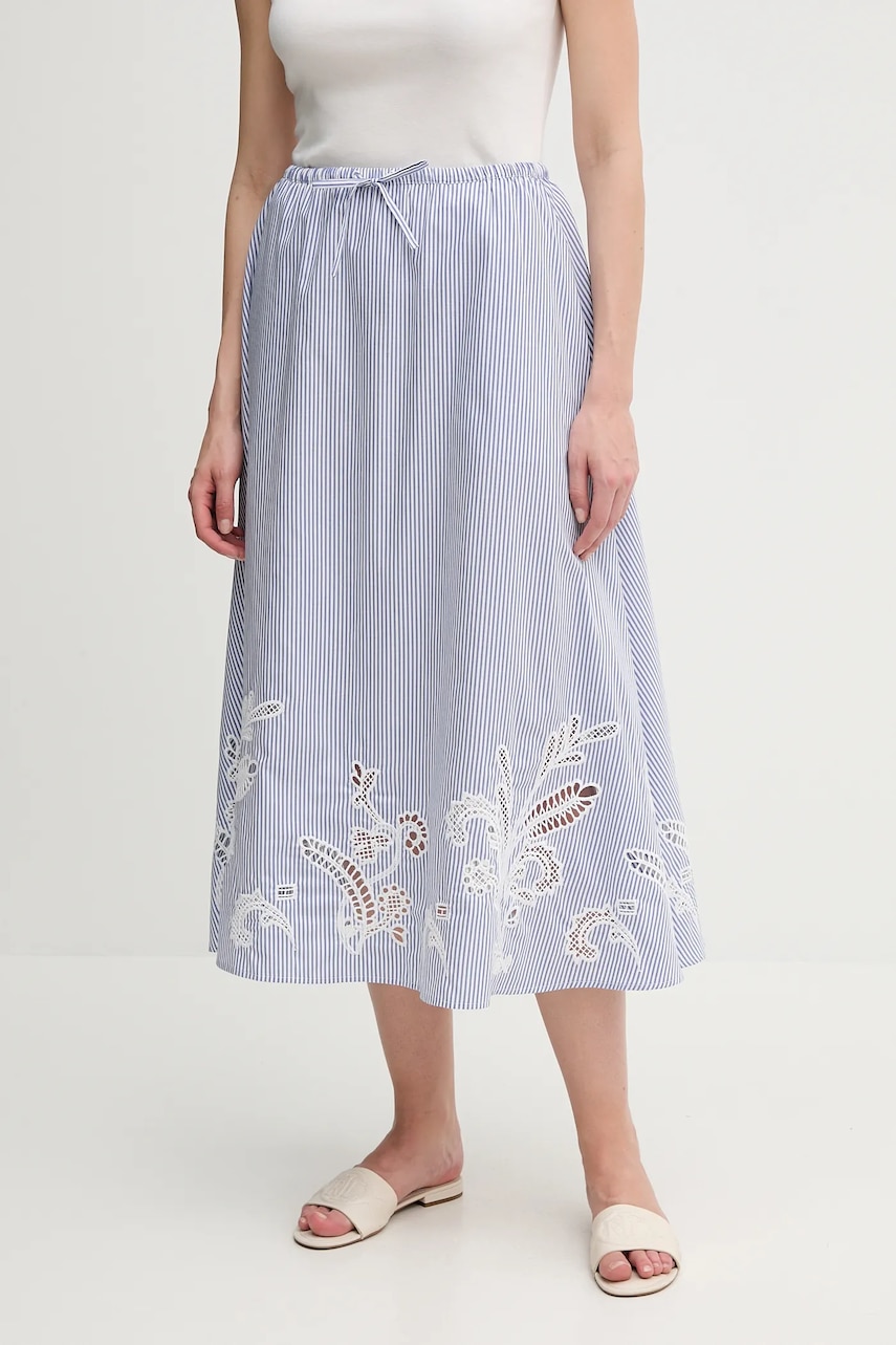 Bavlněná sukně Tommy Hilfiger modrá barva, midi, áčková, WW0WW46168