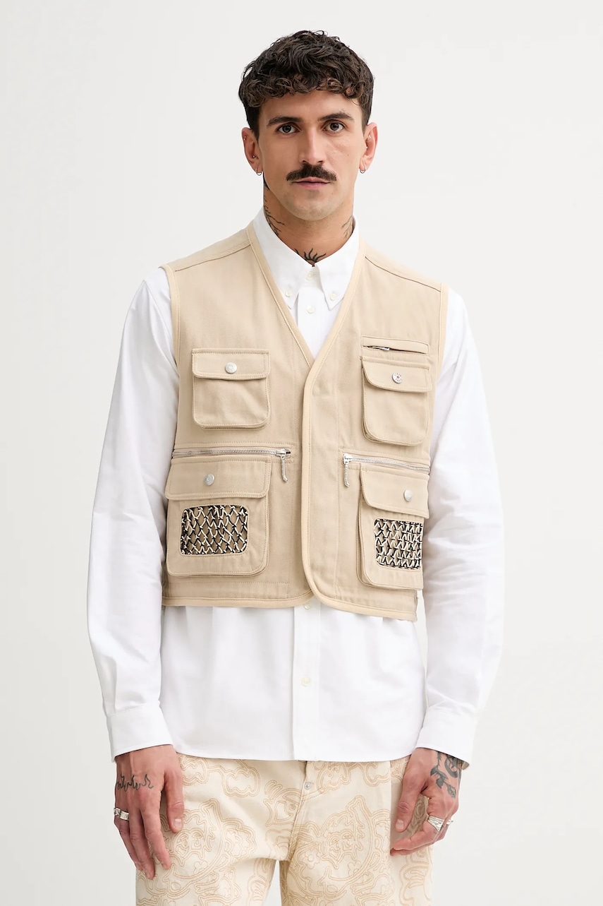 Bavlněná vesta Kenzo pánská, béžová barva, přechodná, FF55OU0099OT.11