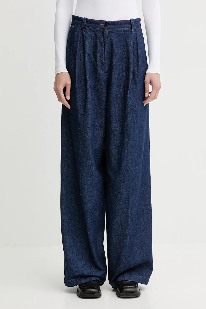 Bavlněné kalhoty A.P.C. PANTALON GINNY dámské, tmavomodrá barva, široké, high waist, COHMJ.F08510