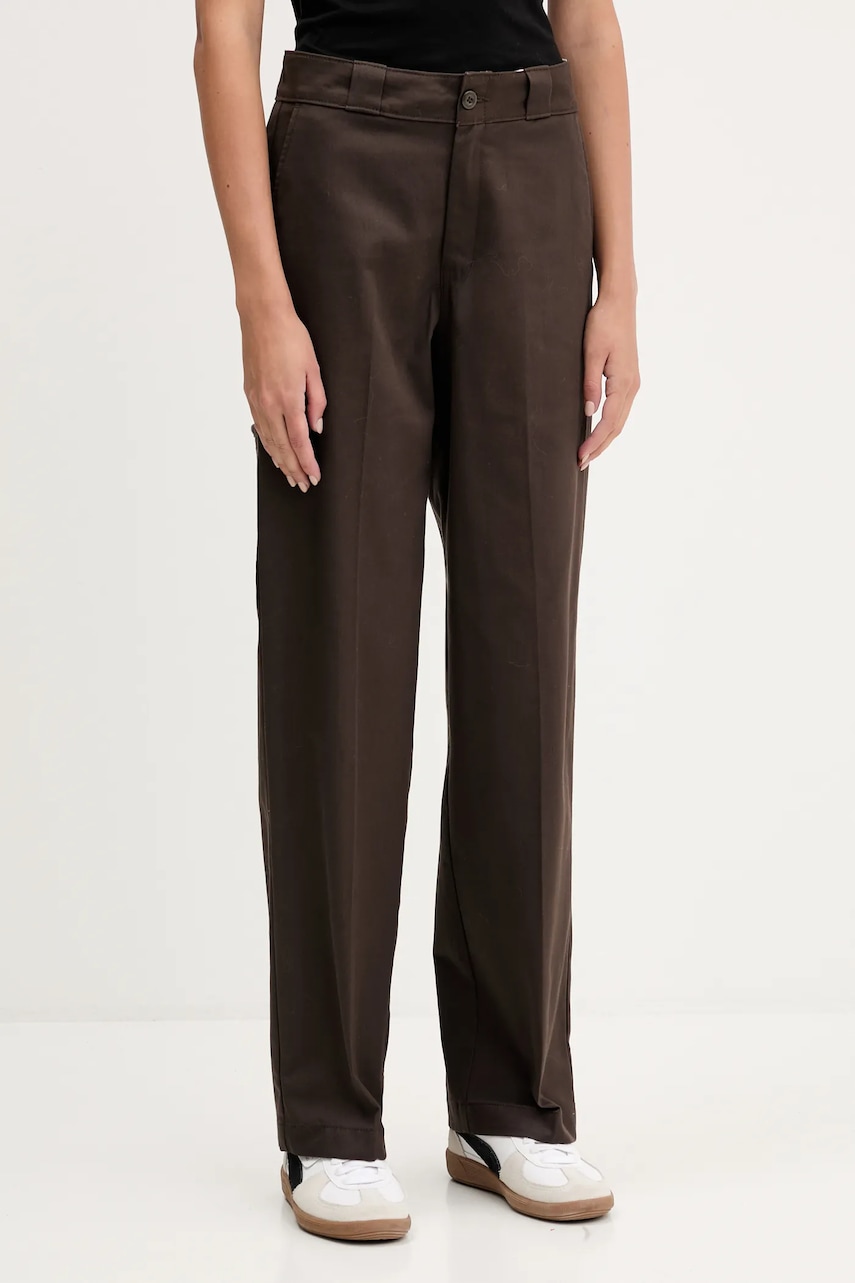 Bavlněné kalhoty Dickies dámské, hnědá barva, široké, high waist, DK0A87PL