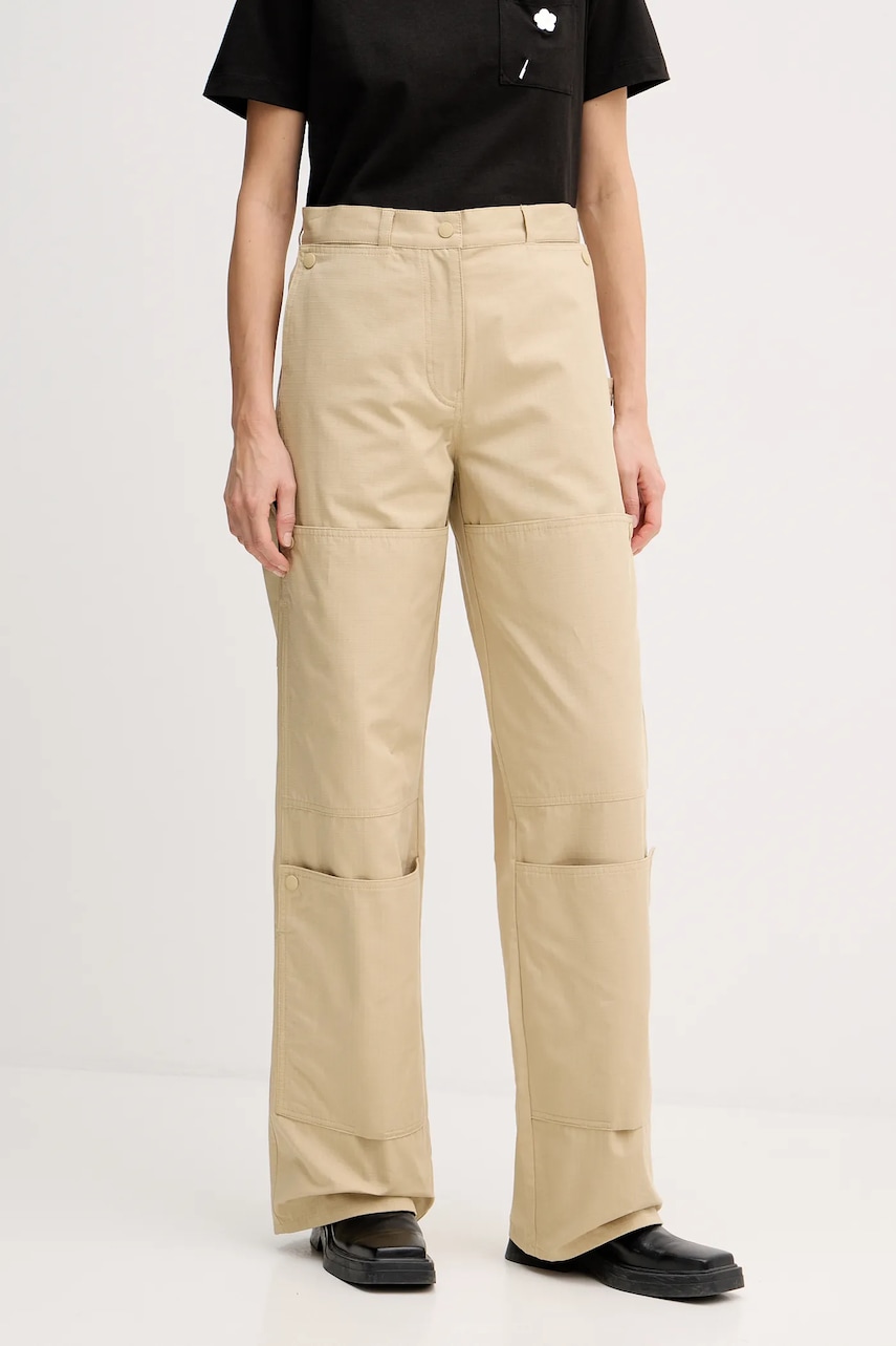 Bavlněné kalhoty Kenzo dámské, béžová barva, jednoduché, high waist, FF52PA1009DL.11