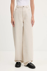 Bavlněné kalhoty Rotate dámské, béžová barva, široké, high waist, 1142981763