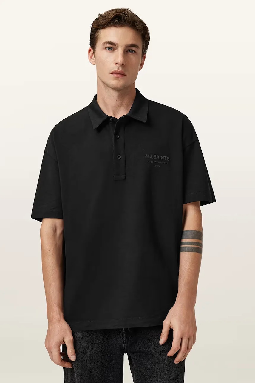 Bavlněné polo tričko AllSaints XANDER pánské, černá barva, M071PC
