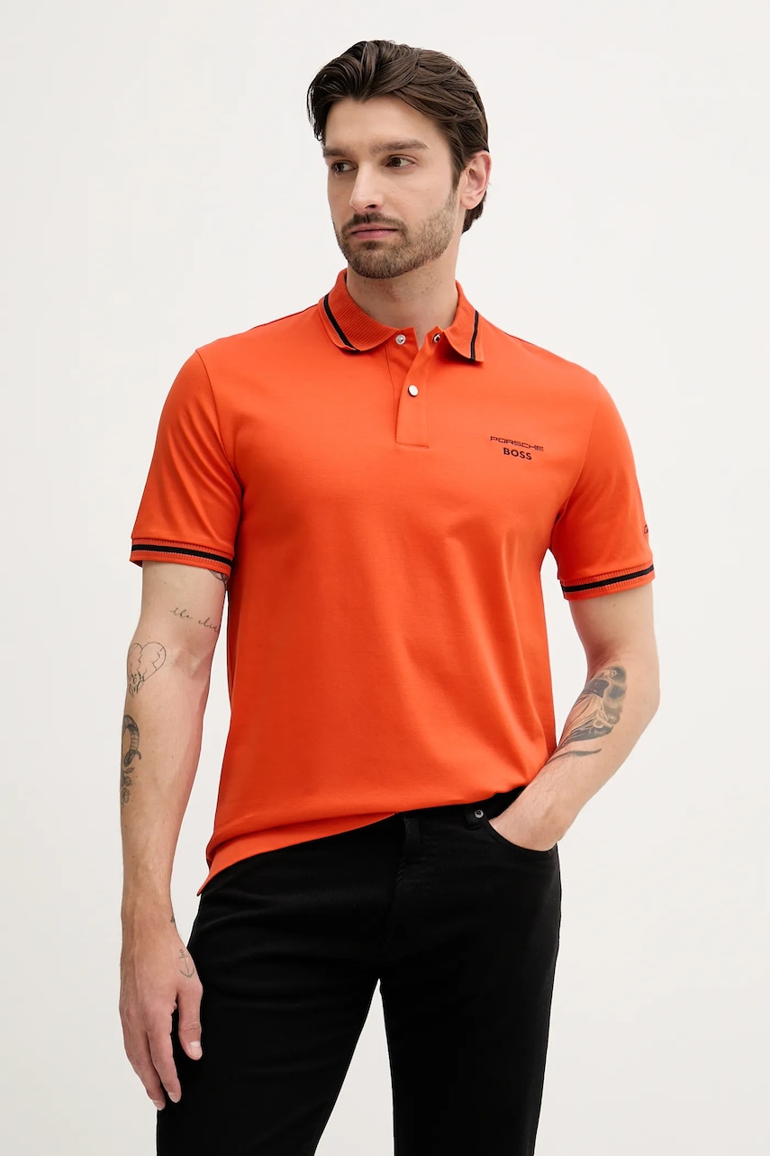 Bavlněné polo tričko BOSS C-Parris 197_PS pánské, oranžová barva, s aplikací, 50543257