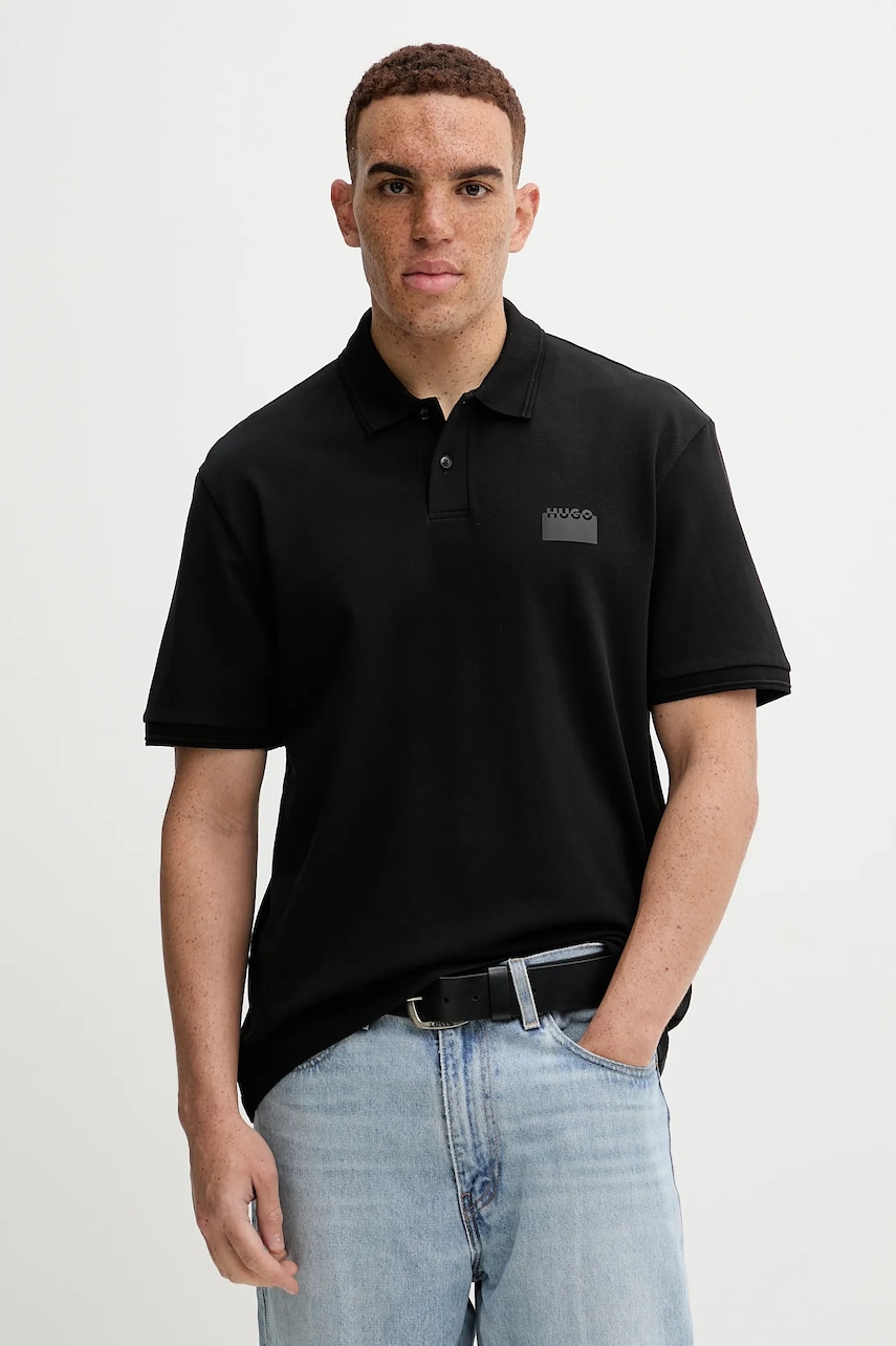 Bavlněné polo tričko HUGO Delastolo pánské, černá barva, 50546891