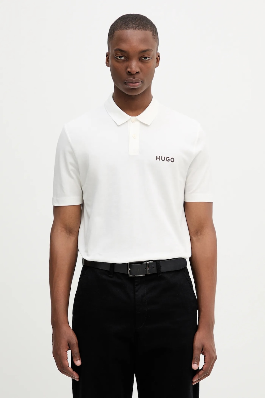 Bavlněné polo tričko HUGO Dirlmere pánské, béžová barva, s potiskem, 50542830