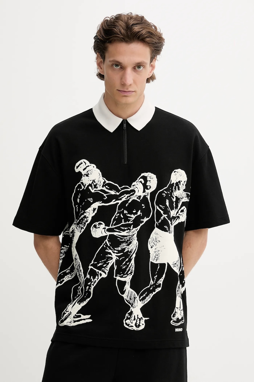 Bavlněné polo tričko HUGO Duboxie pánské, černá barva, 50542432