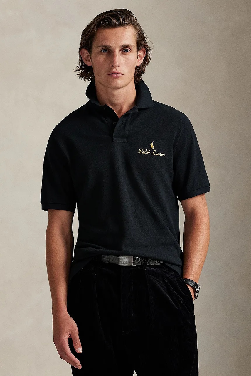 Bavlněné polo tričko Polo Ralph Lauren pánské, černá barva, 710981782
