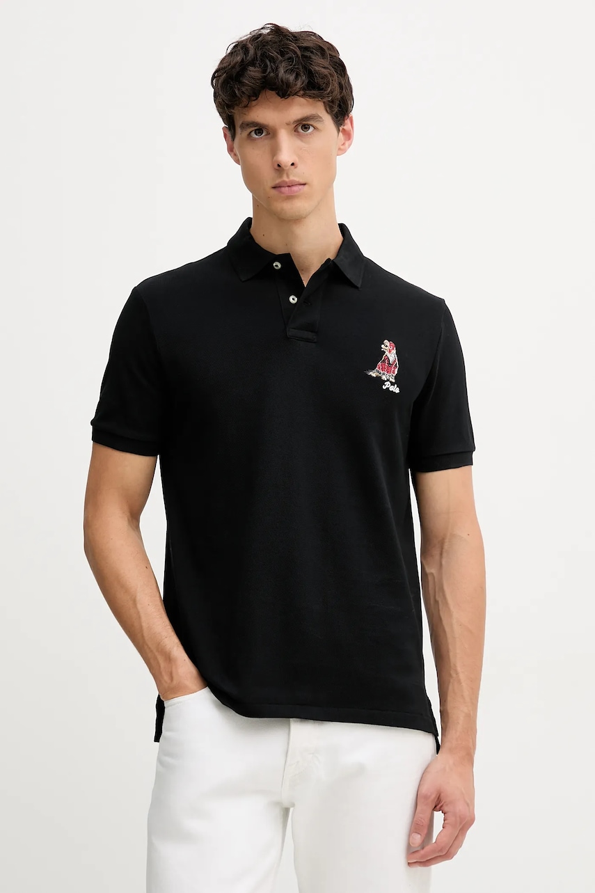 Bavlněné polo tričko Polo Ralph Lauren pánské, černá barva, s aplikací, 710P00095