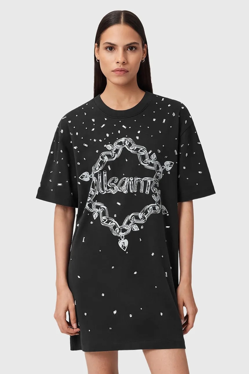Bavlněné šaty AllSaints DRIP černá barva, mini, oversize, W082DD