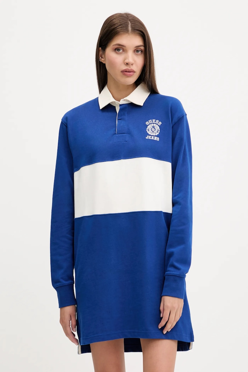 Bavlněné šaty Guess Jeans modrá barva, mini, oversize, W5YK47 KCPS1
