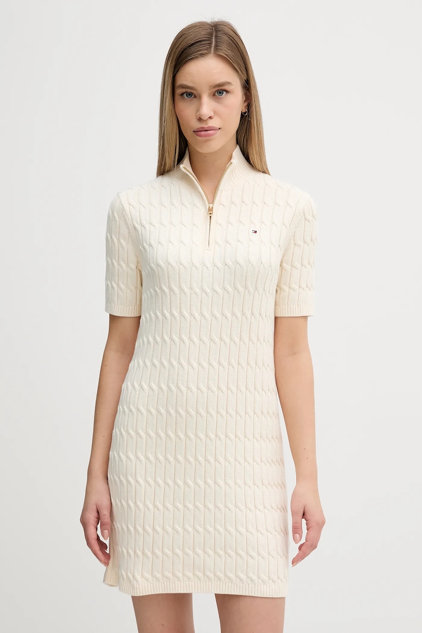 Bavlněné šaty Tommy Hilfiger béžová barva, mini, přiléhavé, WW0WW48444