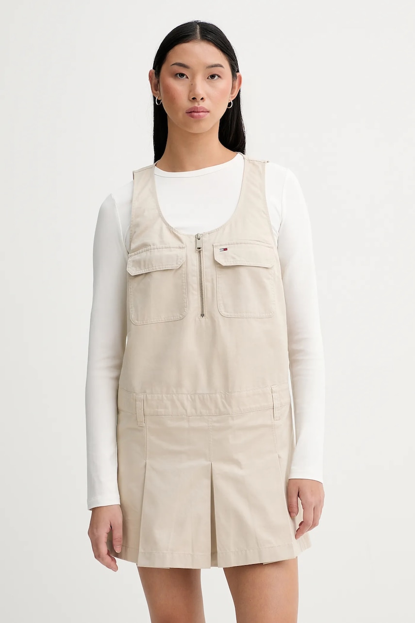 Bavlněné šaty Tommy Jeans béžová barva, mini, DW0DW21949
