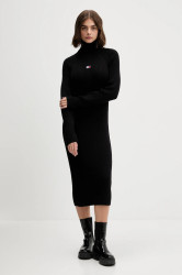 Bavlněné šaty Tommy Jeans černá barva, midi, přiléhavé, DW0DW22167