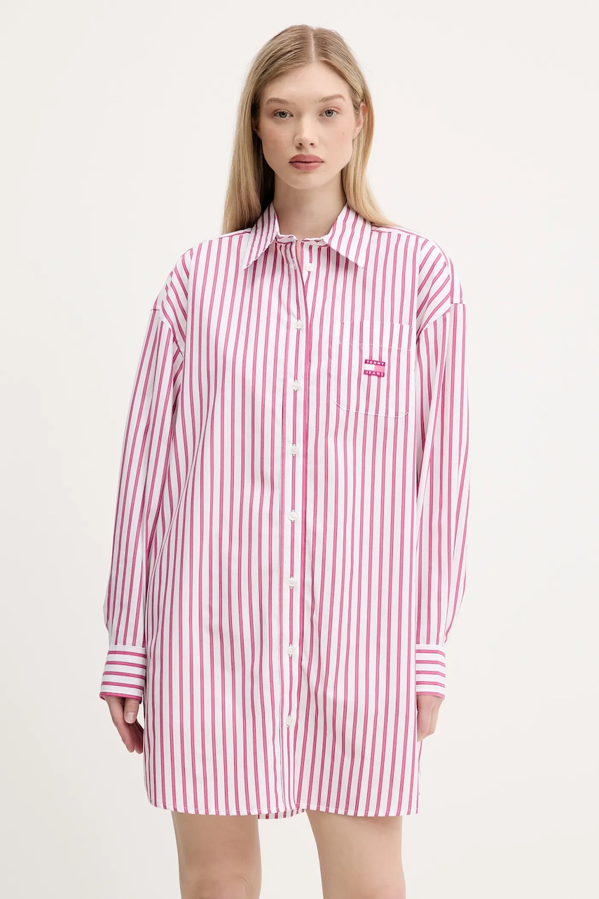 Bavlněné šaty Tommy Jeans růžová barva, mini, oversize, DW0DW21122