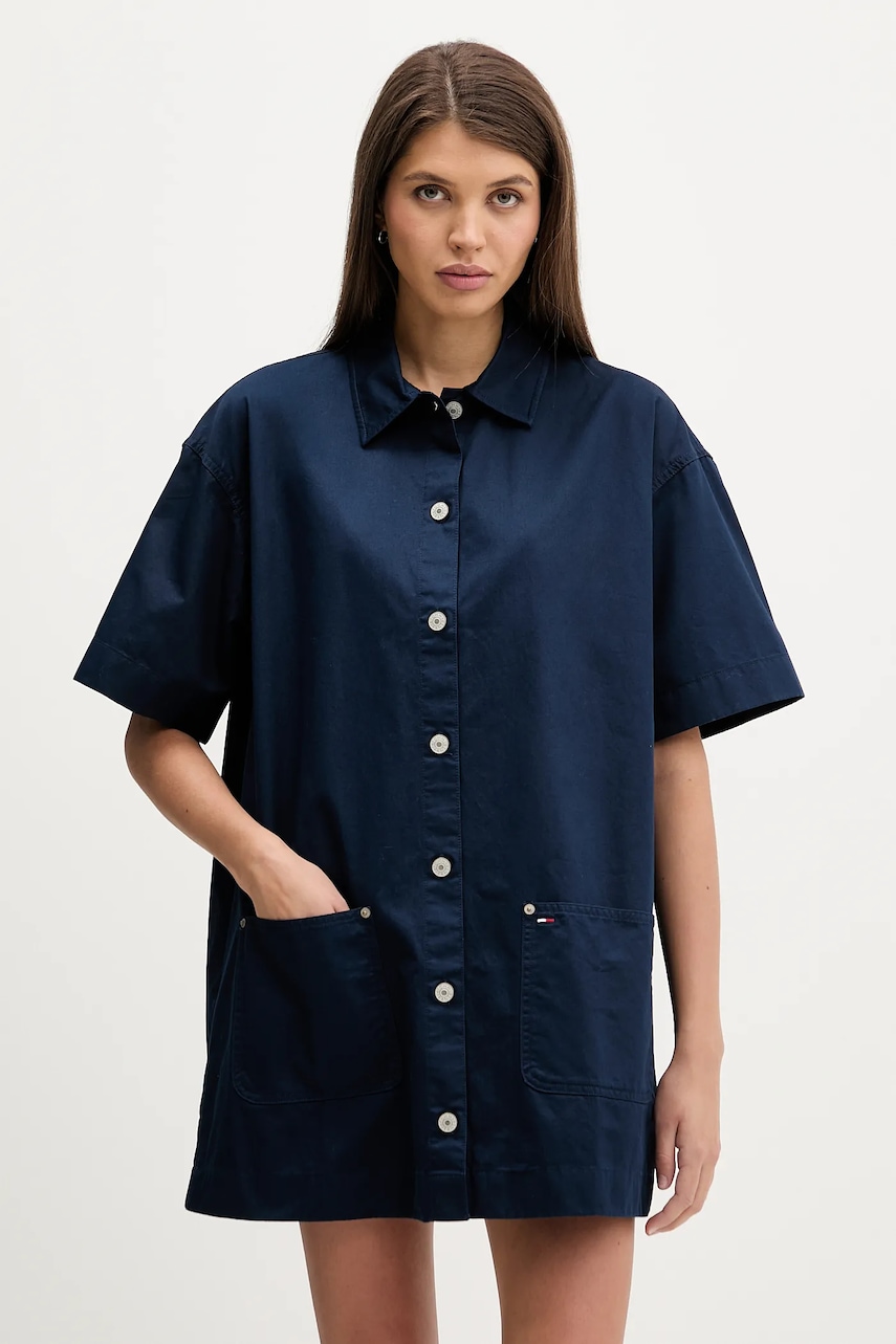 Bavlněné šaty Tommy Jeans tmavomodrá barva, mini, oversize, DW0DW22531