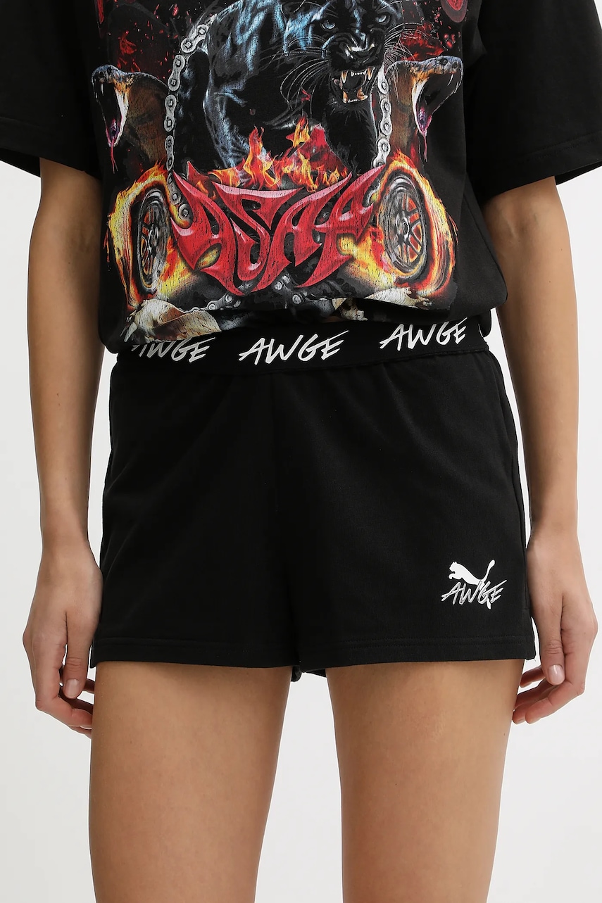 Bavlněné šortky Puma x A$AP ROCKY dámské, černá barva, s aplikací, high waist, 635071