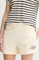 Bavlněné šortky Tommy Hilfiger dámské, béžová barva, s aplikací, high waist, WW0WW45518