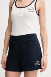 Bavlněné šortky Tommy Hilfiger dámské, tmavomodrá barva, s aplikací, high waist, WW0WW45518
