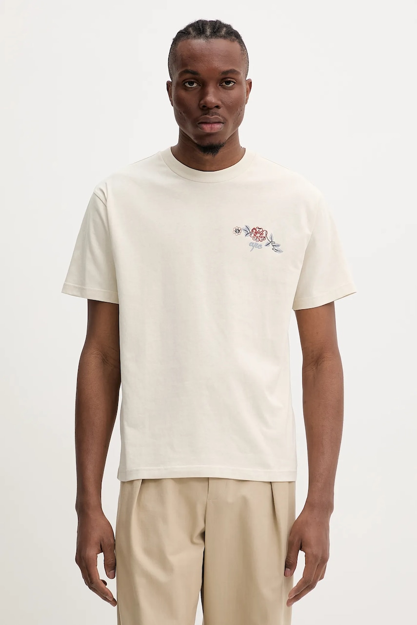 Bavlněné tričko A.P.C. t-shirt oscar pánské, béžová barva, s aplikací, COGCK.H26511