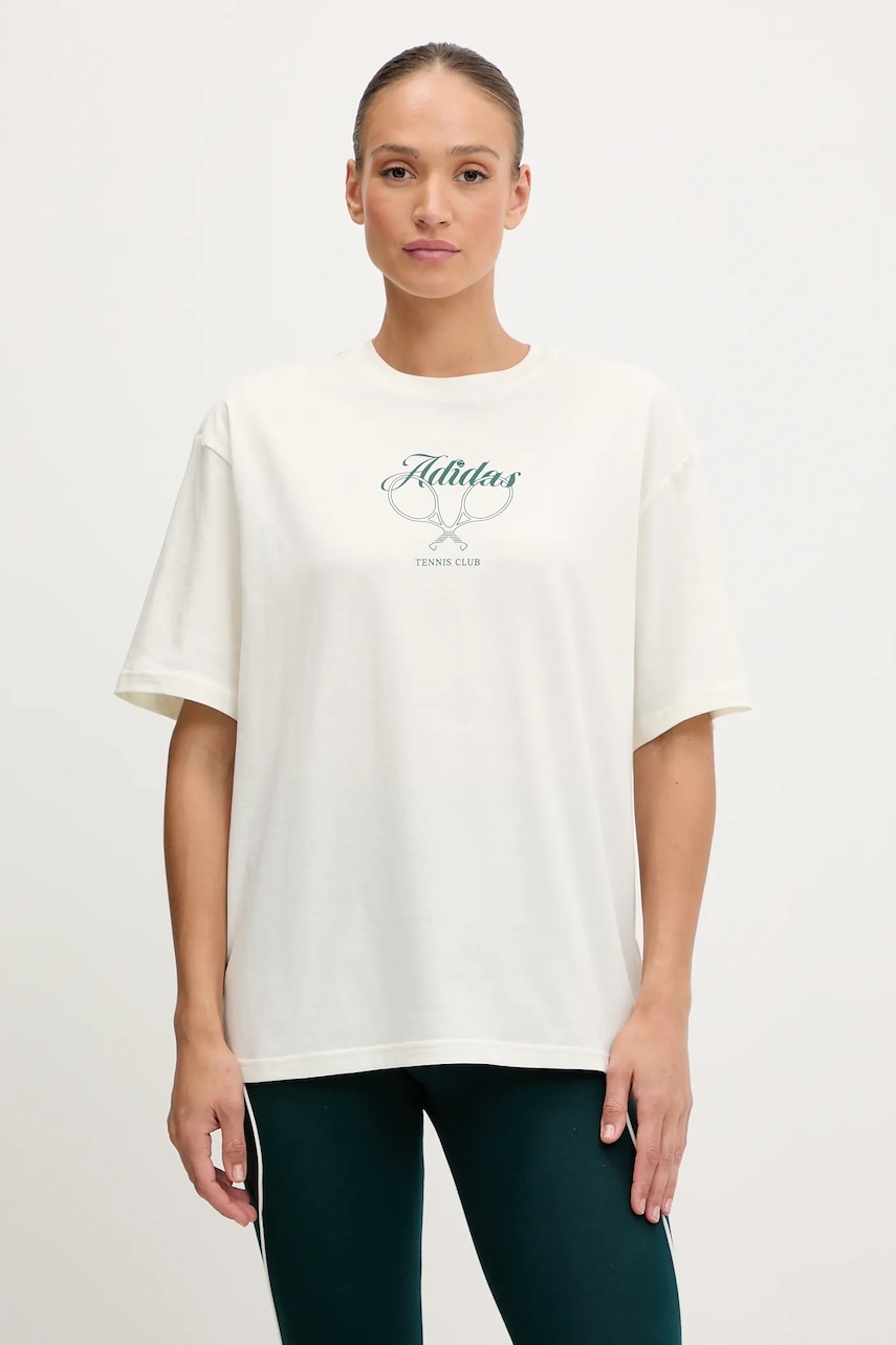 Bavlněné tričko adidas Country Club Graphic T-Shirt dámské, béžová barva, KB2491