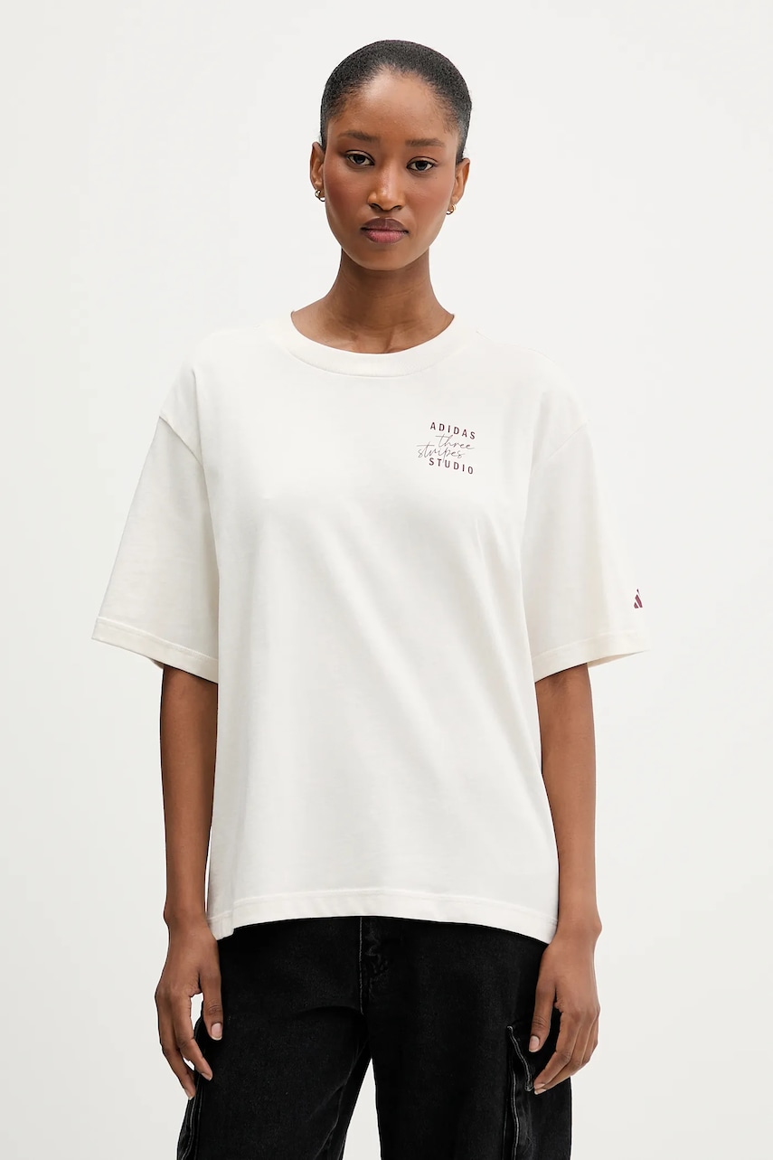 Bavlněné tričko adidas dámské, béžová barva, KT3275