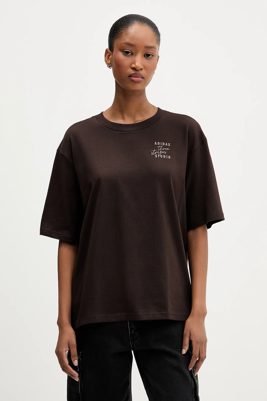 Bavlněné tričko adidas dámské, hnědá barva, KT3274