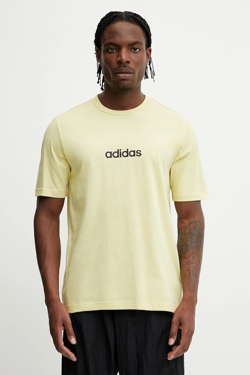 Bavlněné tričko adidas Essentials Linear pánské, žlutá barva, s potiskem, JE9003