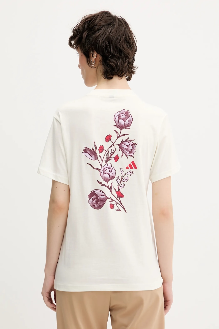 Bavlněné tričko adidas Floral dámské, béžová barva, KB2488