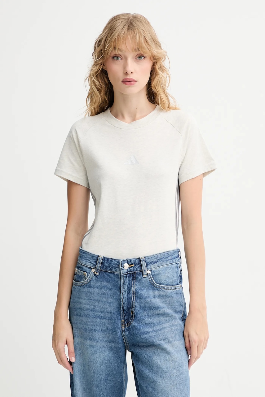 Bavlněné tričko adidas Holiday 3-Stripes dámské, béžová barva, JM1880