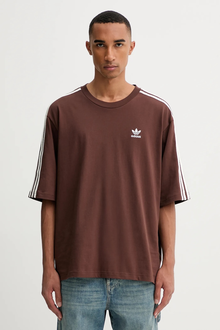 Bavlněné tričko adidas Originals Oversize Tee pánské, hnědá barva, s aplikací, KA0476