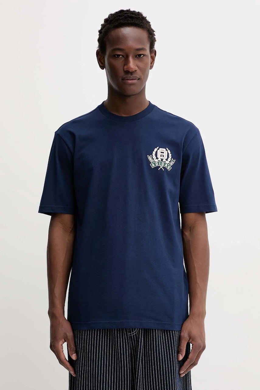 Bavlněné tričko adidas Originals Varsity pánské, modrá barva, s potiskem, JX8156