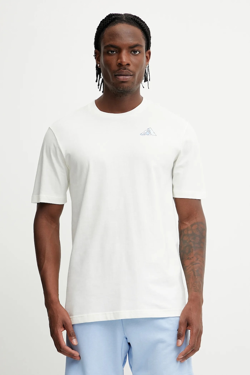 Bavlněné tričko adidas pánské, béžová barva, s potiskem, JI6756