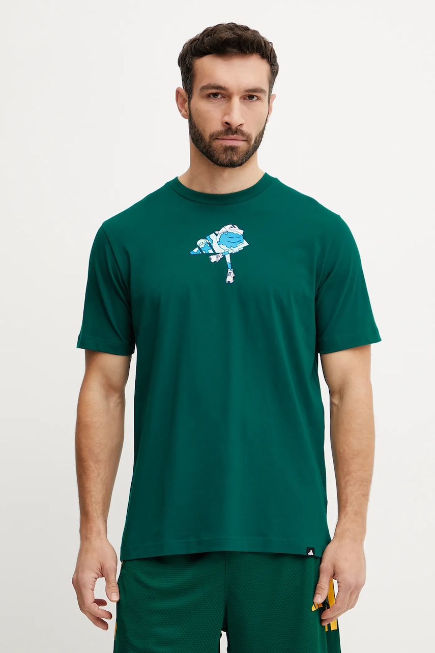 Bavlněné tričko adidas pánské, zelená barva, s potiskem, JI6753