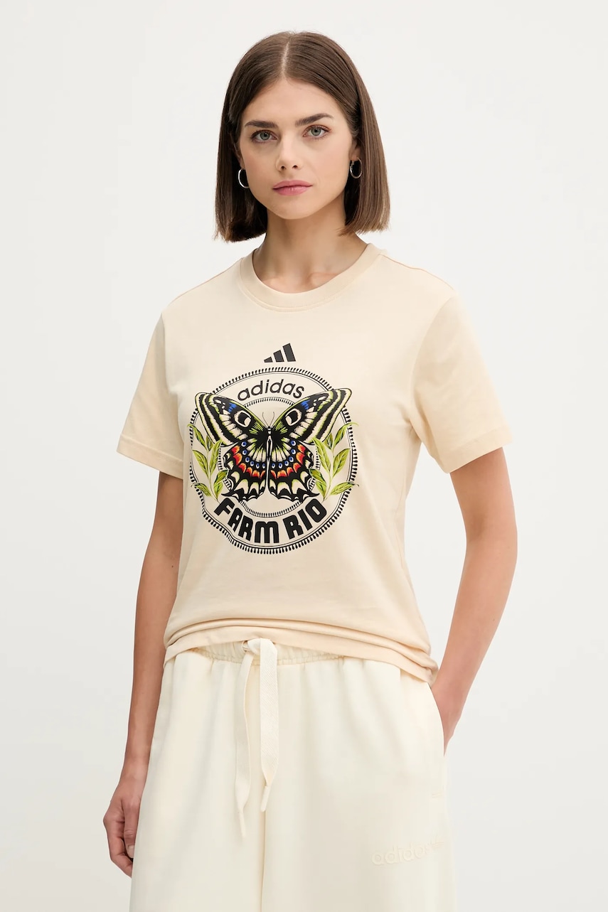 Bavlněné tričko adidas x Farm Rio dámské, béžová barva, JL8614